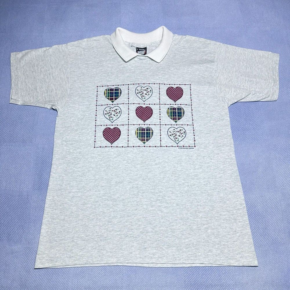 Vintage 1990s‎ Decorative Hearts Floral Dots Knit Collar T-Shirt Size Large